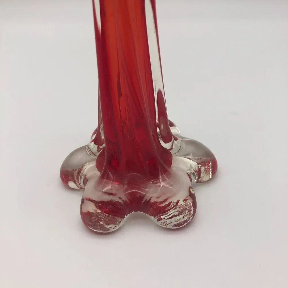 Murano Style Art Glass Bud Vase Elephant Foot Red Clear Bottom 11.25 in. Vintage
